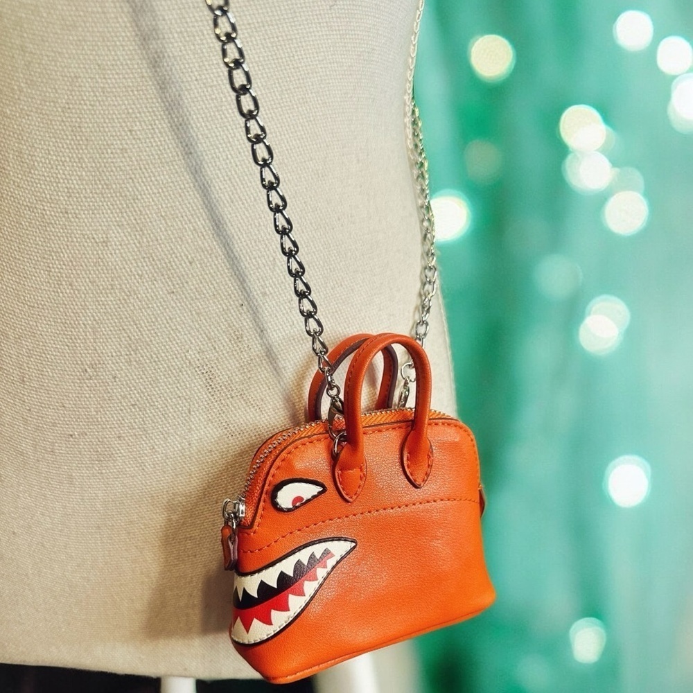 NEW Vegan Leather Orange Shark Cartoon Micro Bowler Bag Crossbody / Bag Charm
